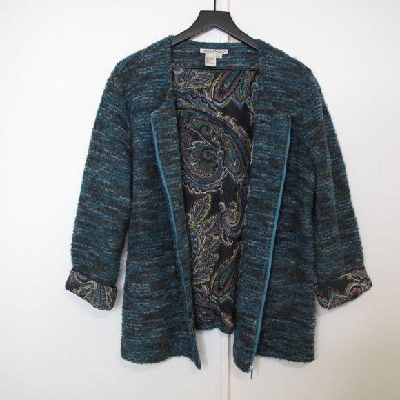VINTAGE - WINTER SILKS - Silk Wool Blend Turquoise Full Zip Cardigan - Picture 1 of 12